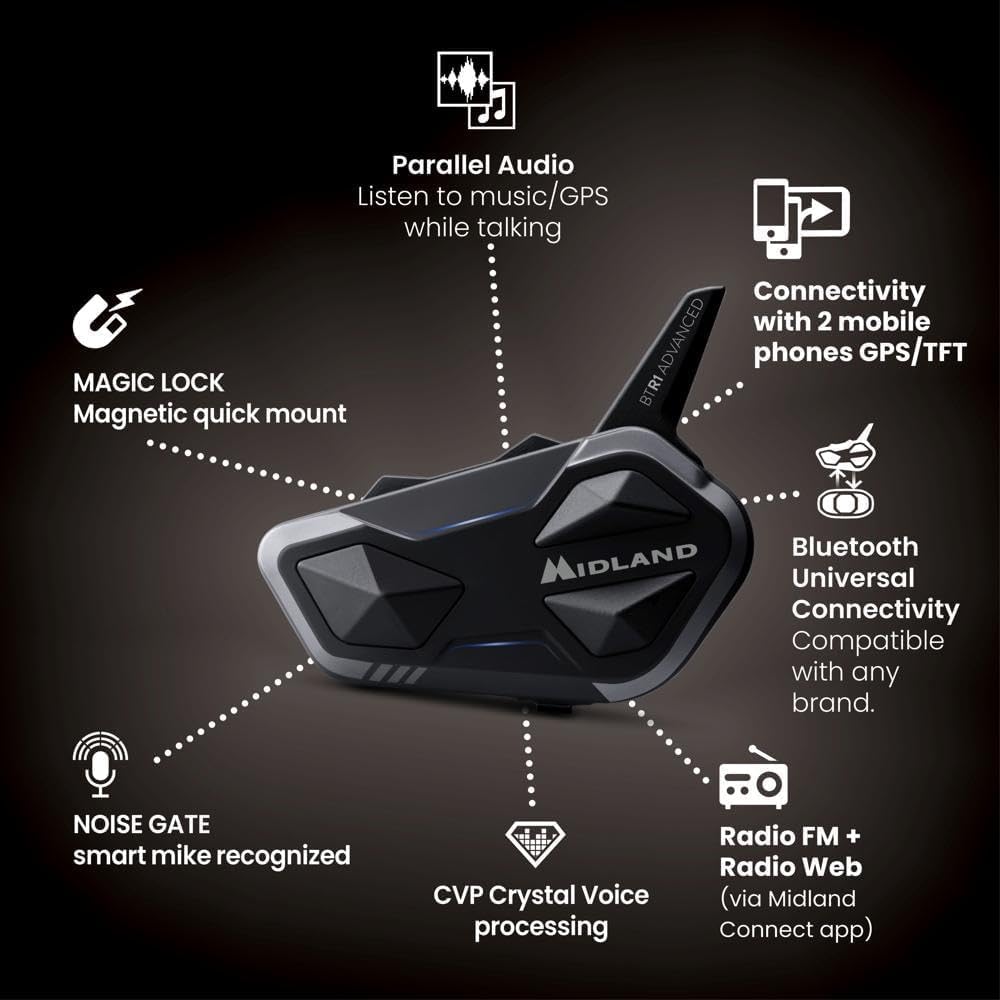 Midland BTR1 Advanced Motorcycle Bluetooth Headset – 4-Rider Intercom System with Wired and Boom Mic, RCF HD Sound, Music Sharing, DNK Noise Cancellation, FM Radio, IPX6 Waterproof (2 Pack, Black) - Image 5