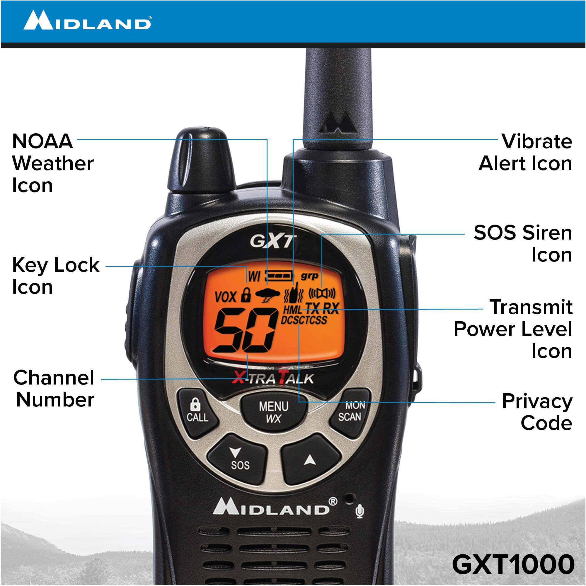 Midland GXT1000VP4 50 Channel GMRS Two-Way Radio - Up to 36 Mile Range Walkie Talkie - Black/Silver (Pack of 4) - Image 3
