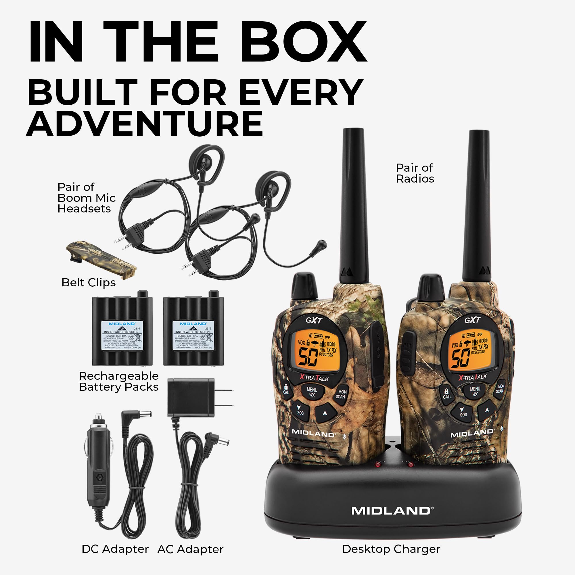 Midland GXT1050VP4 GMRS Two-Way Radio (50-Channel, Long Range, 142 Privacy Codes, SOS, NOAA, Rechargeable Nickle Battery, Mossy Oak Camo, 2-Pack) - Image 5