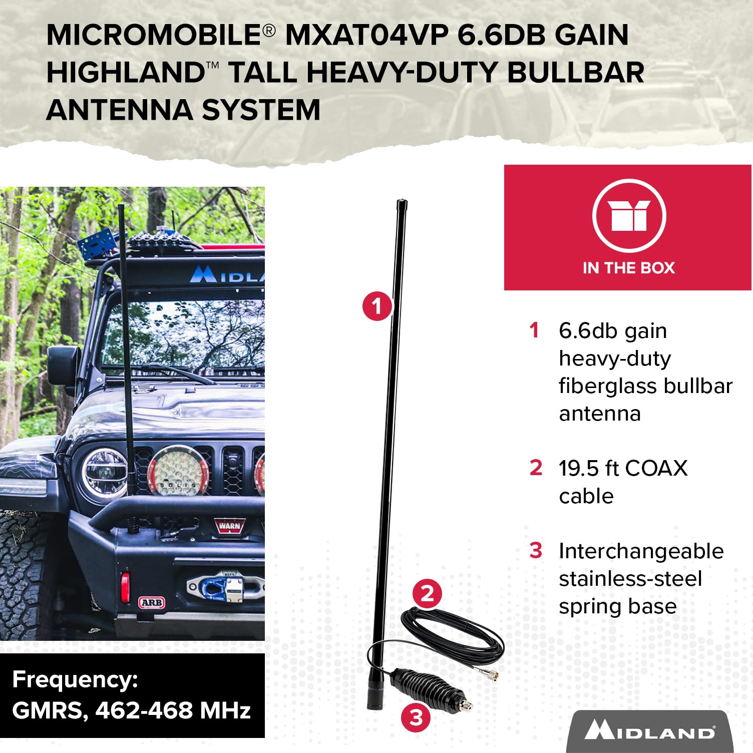 Midland - MXAT04VP-6.6dB Heavy-Duty Bull Bar Antenna with Spring Base Micromobile - 47.5” with 462-468 MHz Frequency - Long Range GMRS Communication - Overlanding Off-Roading - (Bundle) - Image 5