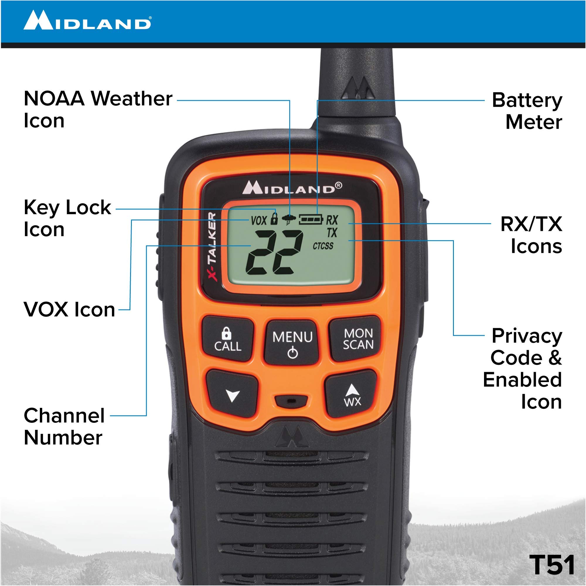 Midland T51VP3 22 Channel FRS Walkie Talkie - Up to 28 Mile Range Two-Way Radio - Orange/Black (Pack of 6) - Image 3