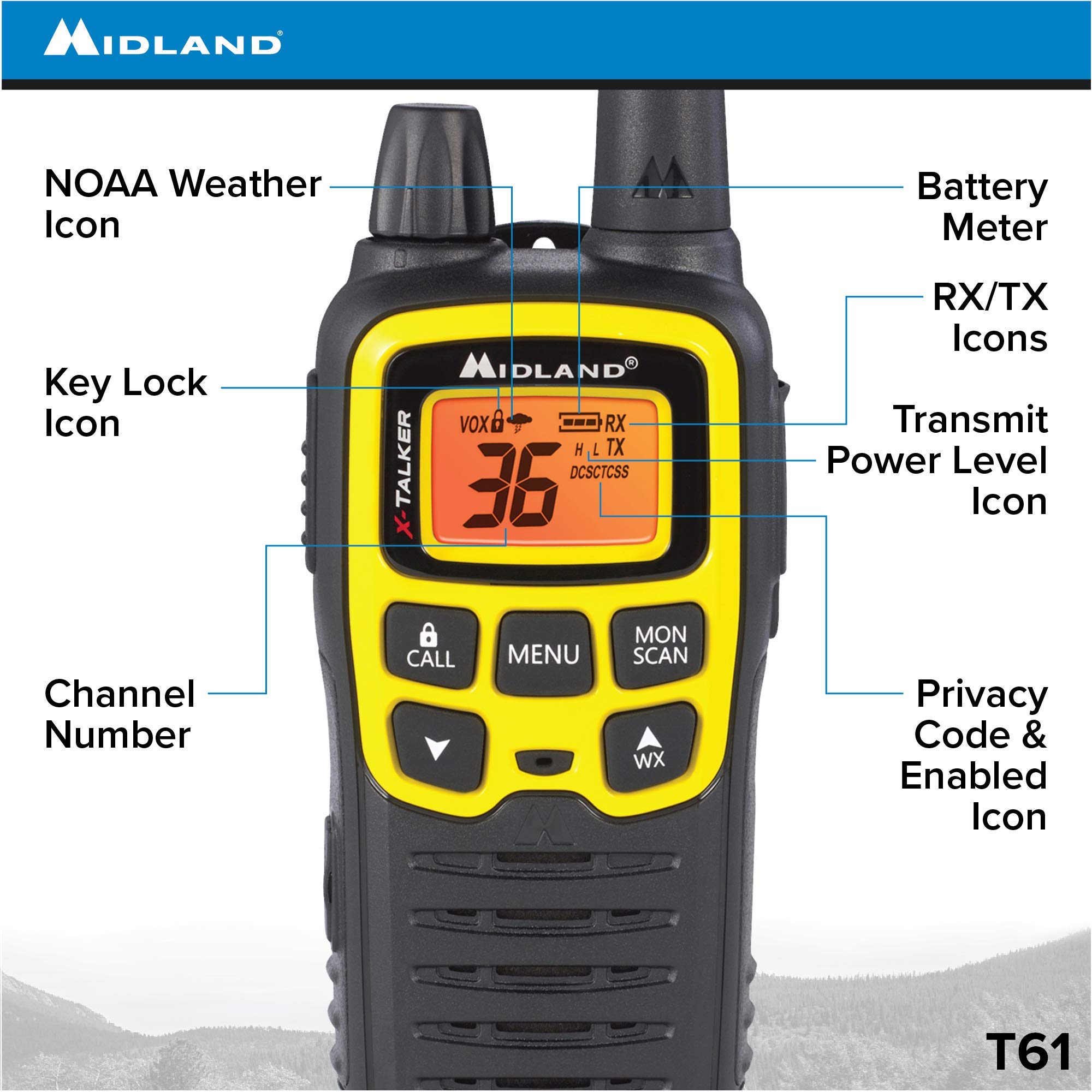 Midland T61VP3 36 Channel FRS Two-Way Radio - Up to 32 Mile Range Walkie Talkie - Yellow/Black (Pack of 6) - Image 3