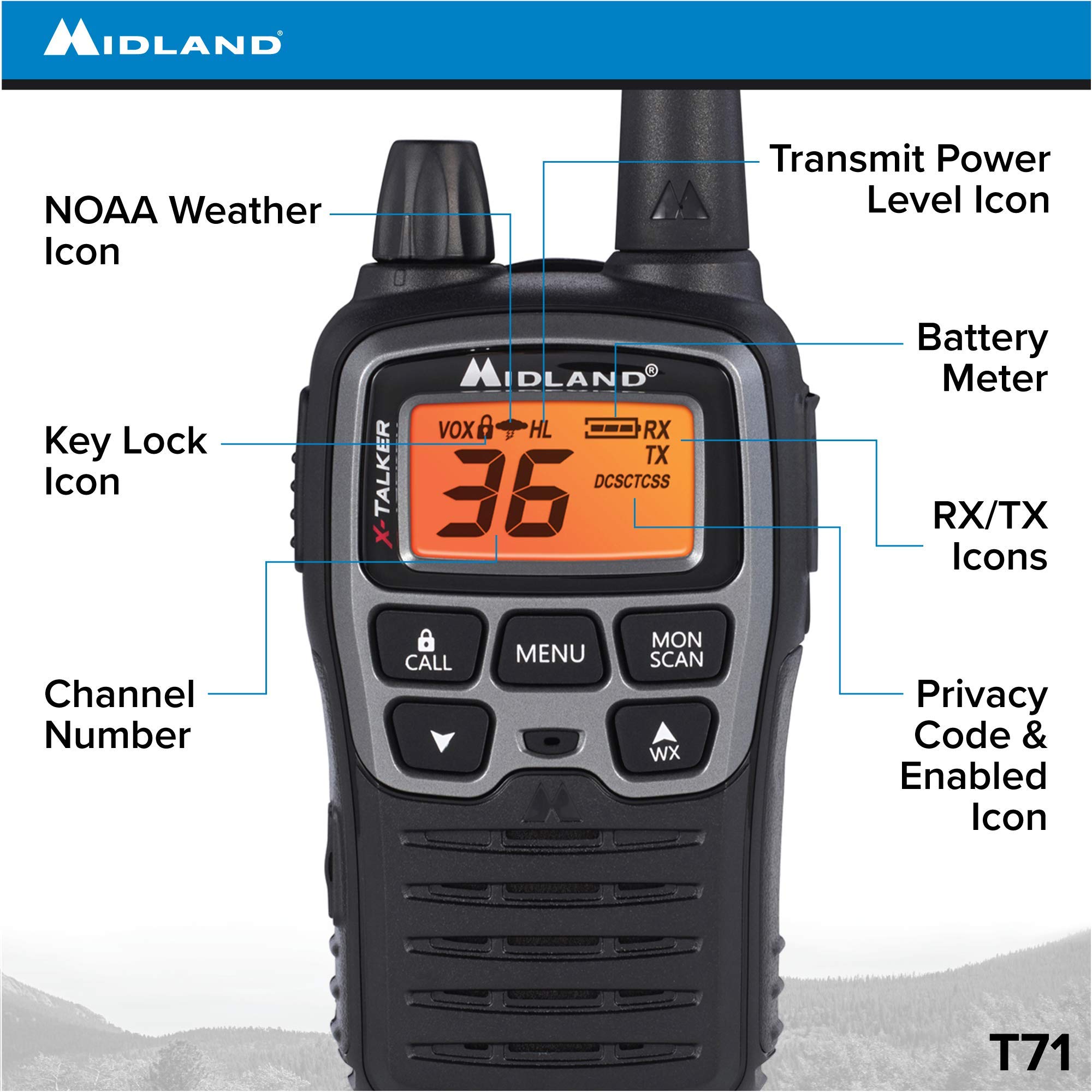 Midland T71VP3 36 Channel FRS Two-Way Radio - Up to 38 Mile Range Walkie Talkie - Black/Silver (Pack of 10) - Image 3